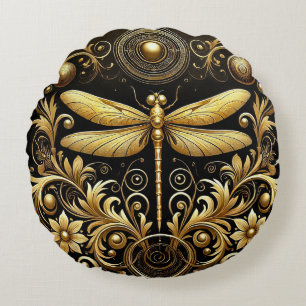 Golden Dragonfly Ornate Floral Accent Round Cushion