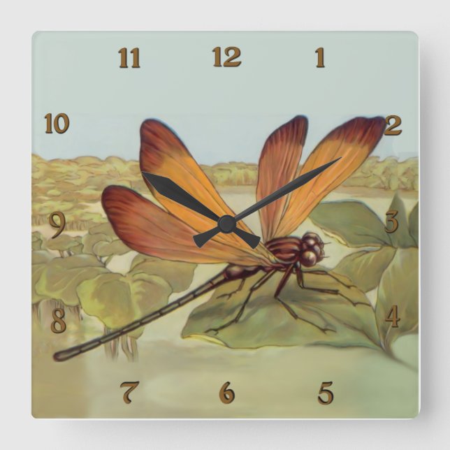 Golden Dragonfly Square Wall Clock (Front)