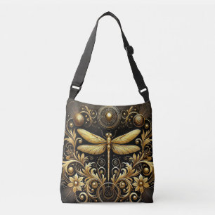 Golden Dragonfly Surrounded by Ornate Floral Crossbody Bag