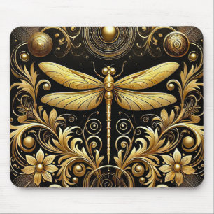 Golden Dragonfly Surrounded by Ornate Floral Mouse Mat