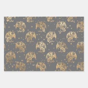Golden Dragons and Stars Wrapping Paper Sheet