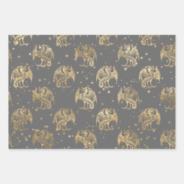 Golden Dragons and Stars Wrapping Paper Sheet (Front)