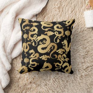 Golden Dragons Pattern Black BG Cushion