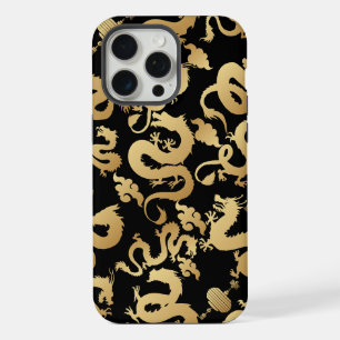 Golden Dragons Pattern Black BG iPhone 15 Pro Max Case