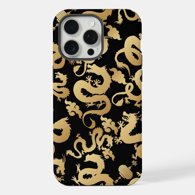 Golden Dragons Pattern Black BG iPhone Case (Back)