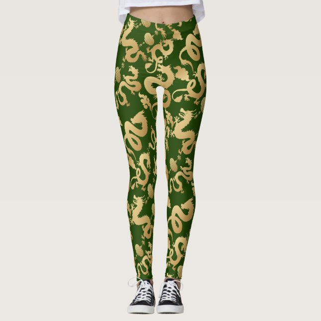 Golden Dragons Pattern D Green BG Leggings (Front)
