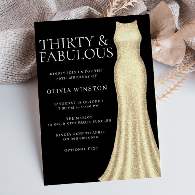 Golden Dress & Black Womans 30th Birthday Invitation (Creator Uploaded)