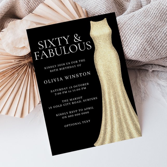 Golden Dress & Black Womans 60th Birthday Invitation (Creator Uploaded)