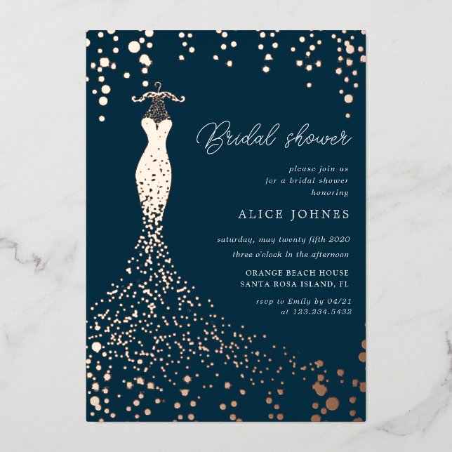 golden dress bridal shower foil invitation (Front)