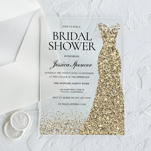 Golden Dress Elegance Bridal Shower Acrylic Invitations (Creator Uploaded)