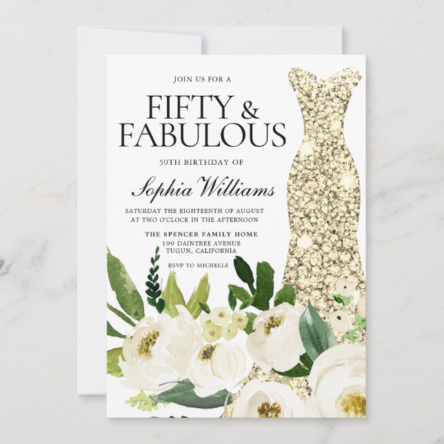 Golden Dress Fiftieth & Fabulous 50th Birthday Invitation (Front)
