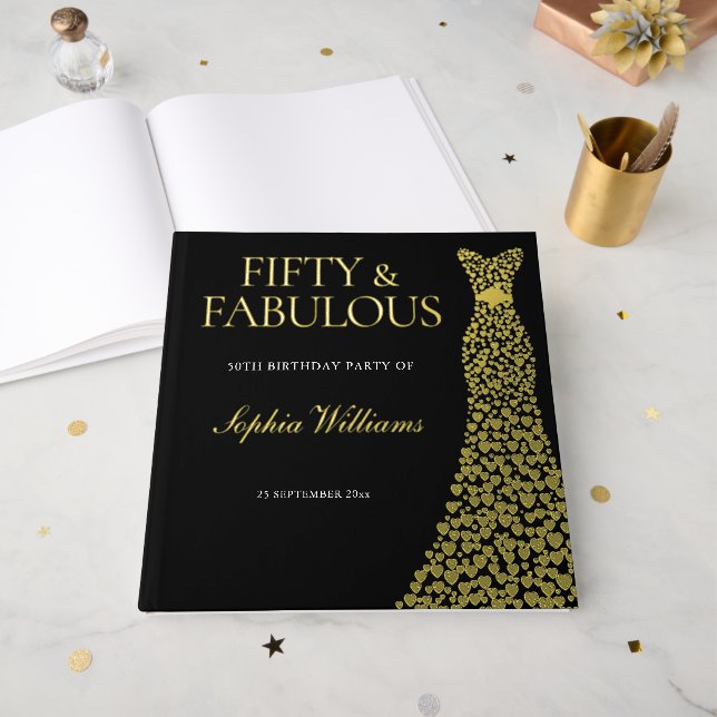 Golden Dress Fifty & Fabulous 50th Birthday Party Guest Book (Front Open)