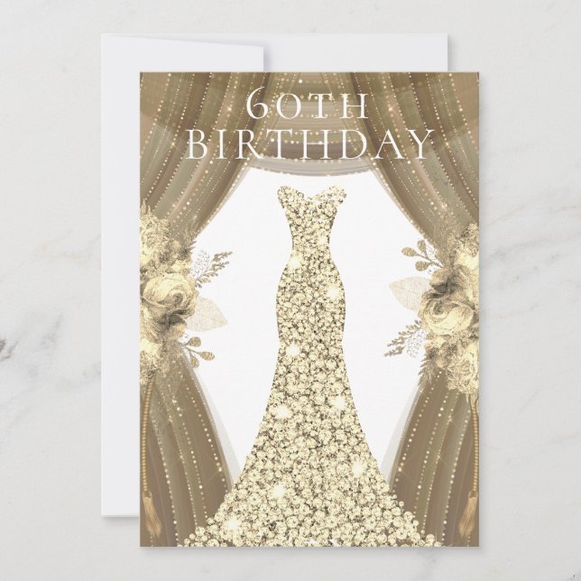 Golden Dress Flowers Elegant 60th Birthday Party Invitation (Front)