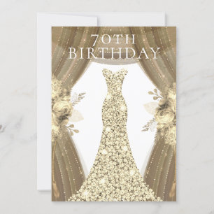 Golden Dress Flowers Elegant 70th Birthday Party Invitation