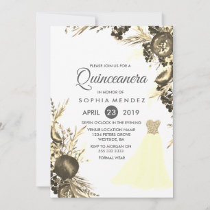 Golden Dress Gown Floral Quinceanera invite