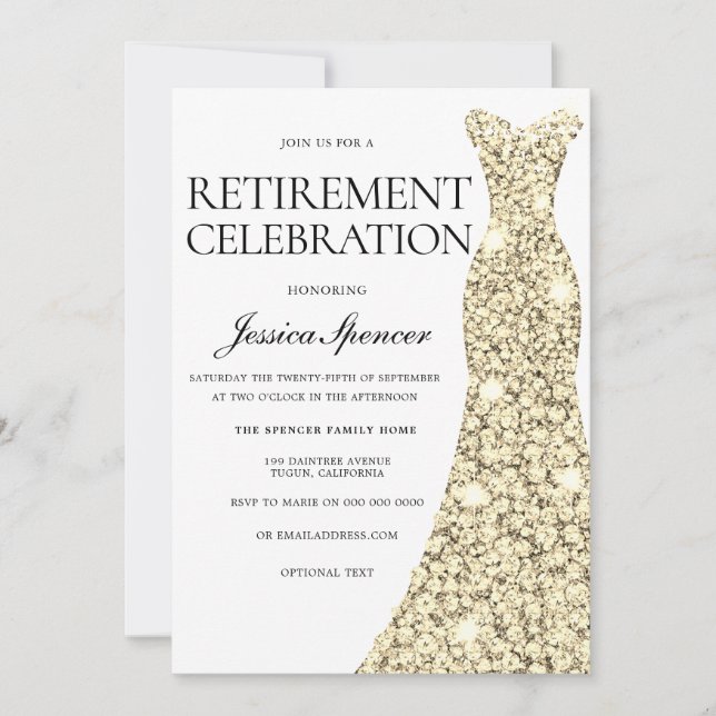 Golden Dress Retirement Party Celebration Invite (Front)