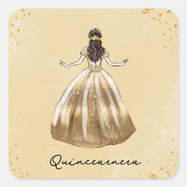 Golden Dress with Glitter Quinceanera Birthday  Square Sticker (Front)