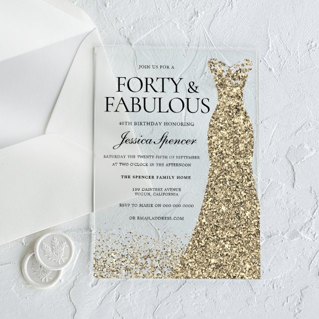 Golden Dress Womans 40th Birthday Party Acrylic Invitations (Creator Uploaded)
