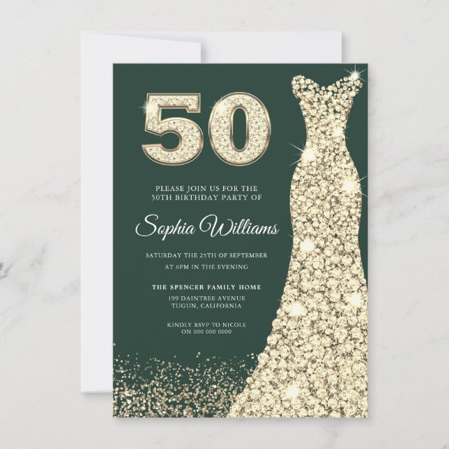 Golden Dress Womans 50th Birthday Party Green Invitation (Front)