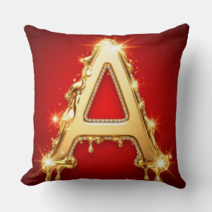 Golden Dripping Letter A Diamond Monogram Cushion