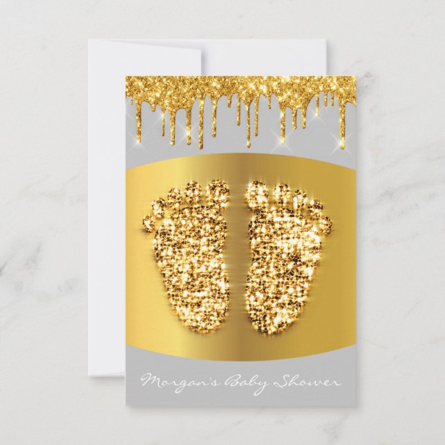 Golden Drips Royal Baby Shower Feet Girl Boy Grey Invitation (Back)