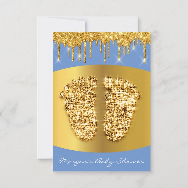 Golden Drips Royal Blue Baby Shower Feet Boy Invitation (Back)