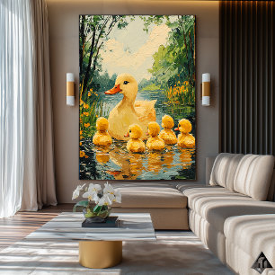 Golden Duck Family – Naïf Whimsical Pond Art Poster