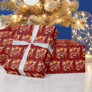 Golden Dynasty Bloom deep red Wrapping Paper