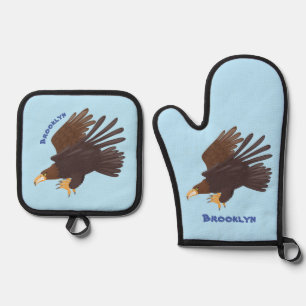 Golden eagle funny cartoon illustration oven mitt & pot holder set