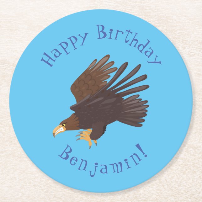Golden eagle funny cartoon illustration round paper coaster (Front)