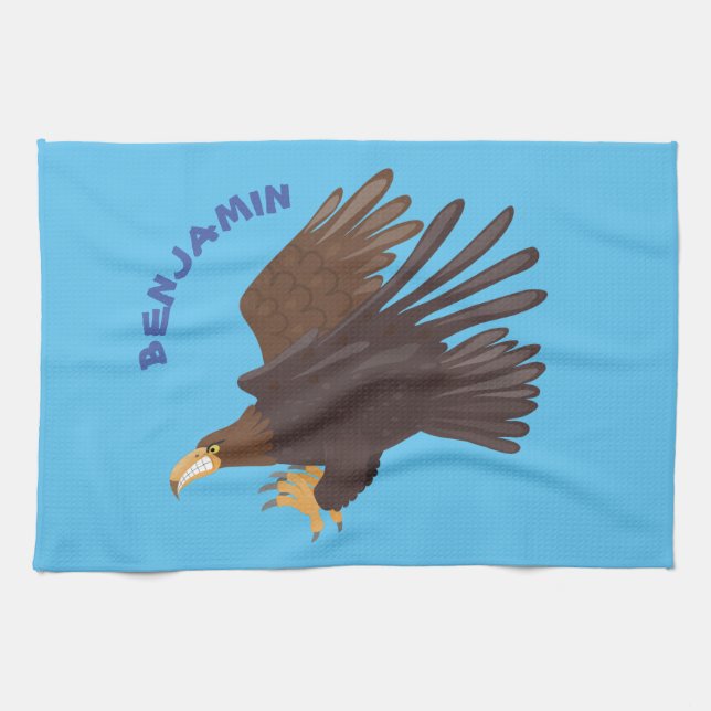 Golden eagle funny cartoon illustration tea towel (Horizontal)
