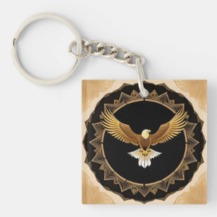 Golden Eagle on Geometric Mandala Key Ring