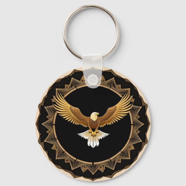 Golden Eagle on Geometric Mandala Key Ring (Front)
