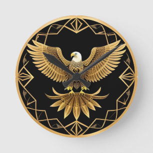 Golden Eagle on Geometric Mandala Round Clock