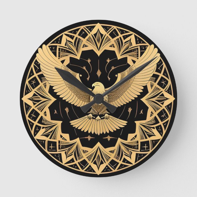 Golden Eagle on Geometric Mandala Round Clock (Front)