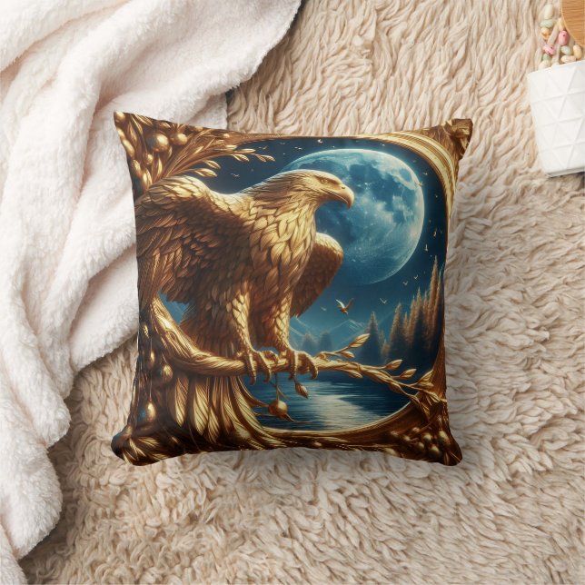 Golden Eagle Perched by Moonlit Lake at Night Cushion (Blanket)