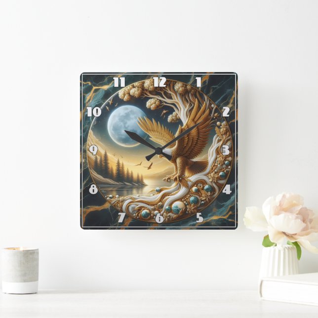 Golden Eagle Perched Near Tranquil Riverbank Square Wall Clock (Home)