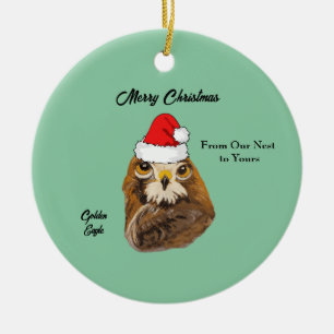 Golden Eagle wearing a Santa Hat Ceramic Tree Decoration