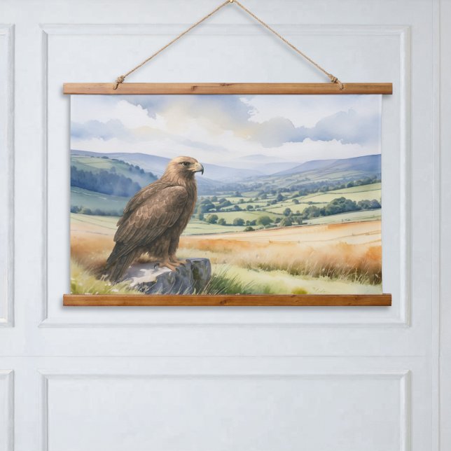 Golden Eagle Wildlife Bird of Prey Landscape Hanging Tapestry (An elegant hanging wall tapestry with picture of a golden eagle bird surveying a rugged landscape)