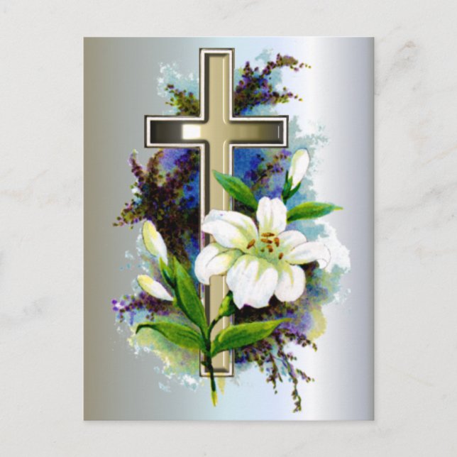 Golden Easter Cross and White Lilly Flowers Holiday Postcard (Front)