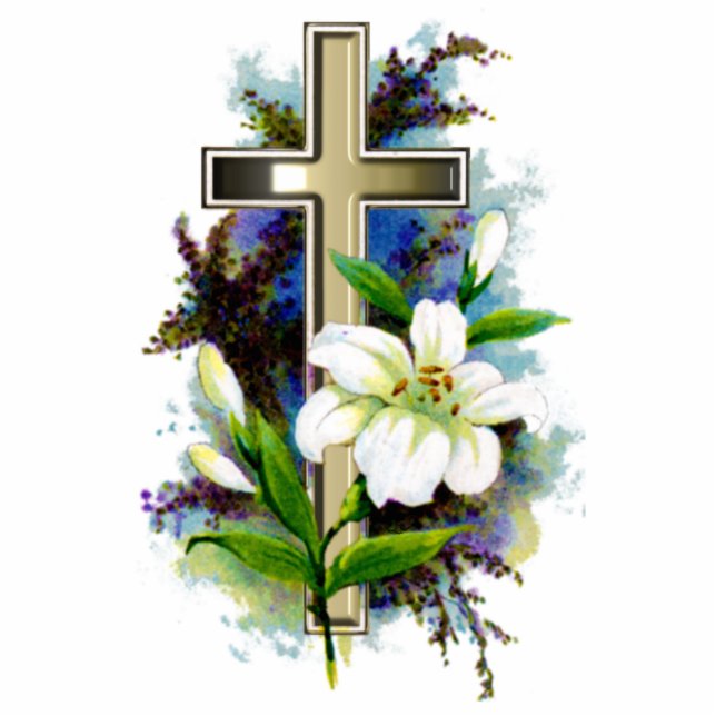 Golden Easter Cross and White Lilly Flowers Standing Photo Sculpture (Front)