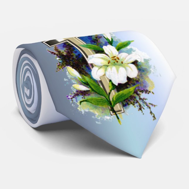 Golden Easter Cross and White Lilly Flowers Tie (Rolled)