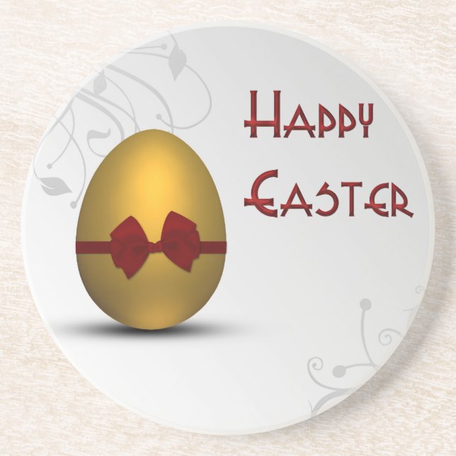 Golden Easter Egg with Bow Floral Swirl Pattern Coaster (Front)