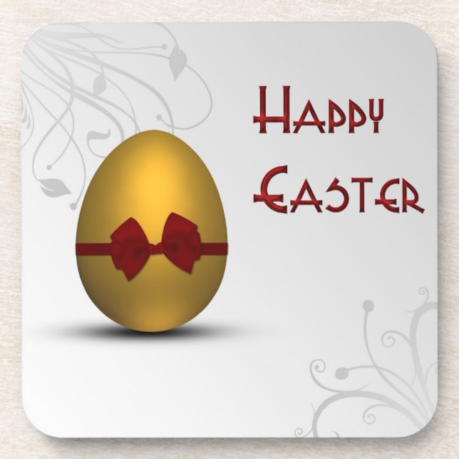 Golden Easter Egg with Bow Floral Swirl Pattern Coaster (Front)