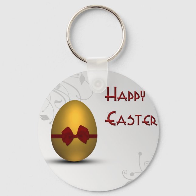 Golden Easter Egg with Bow Floral Swirl Pattern Key Ring (Front)