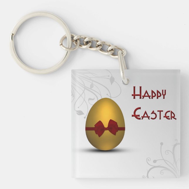 Golden Easter Egg with Bow Floral Swirl Pattern Key Ring (Front)