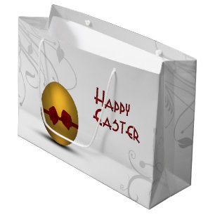 Golden Easter Egg with Bow Floral Swirl Pattern Large Gift Bag