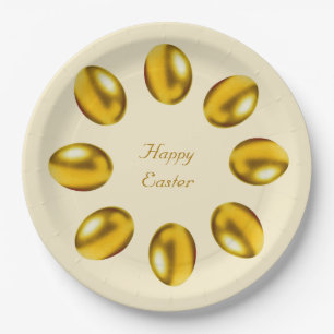 Golden Easter Eggs on Beige Paper Plate