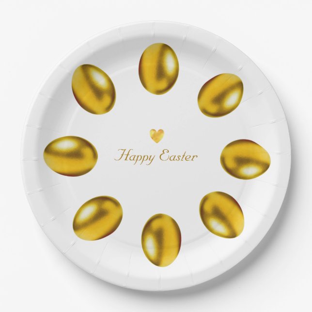 Golden Easter Eggs on White Paper Plate (Front)