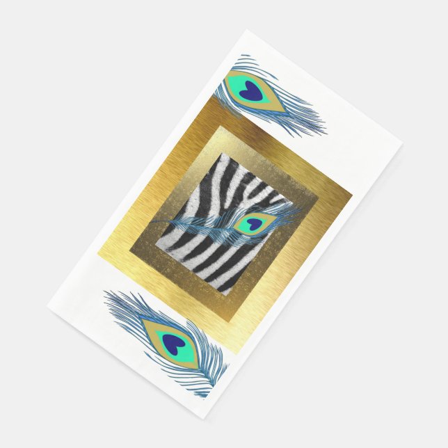 Golden Edges, Zebra Print and Peacock Feather Napkin (Corner)